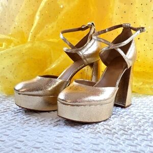 Chelsea & Violet Shimmering Gold Platform Heels.Fabric Upper. Alluring Straps 8